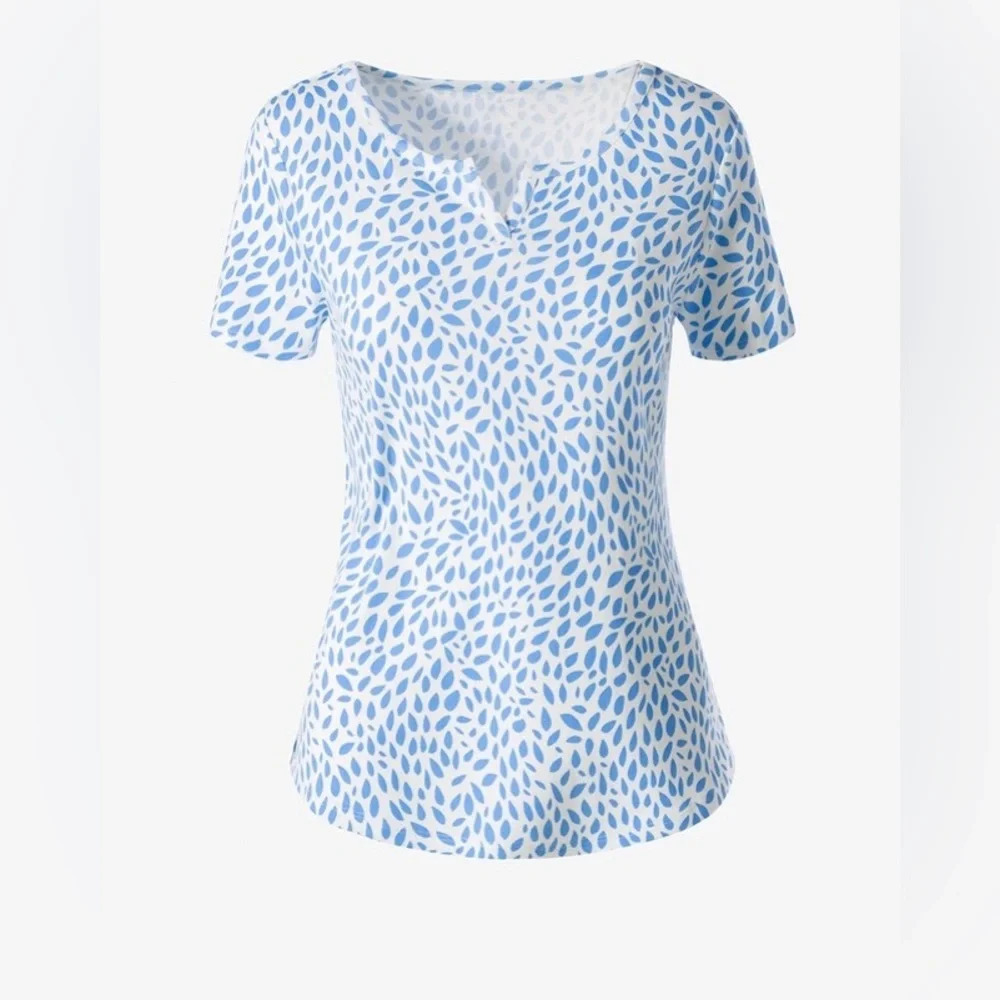 Chico’s Pretty Petals Split-Neck Tee Blue and White